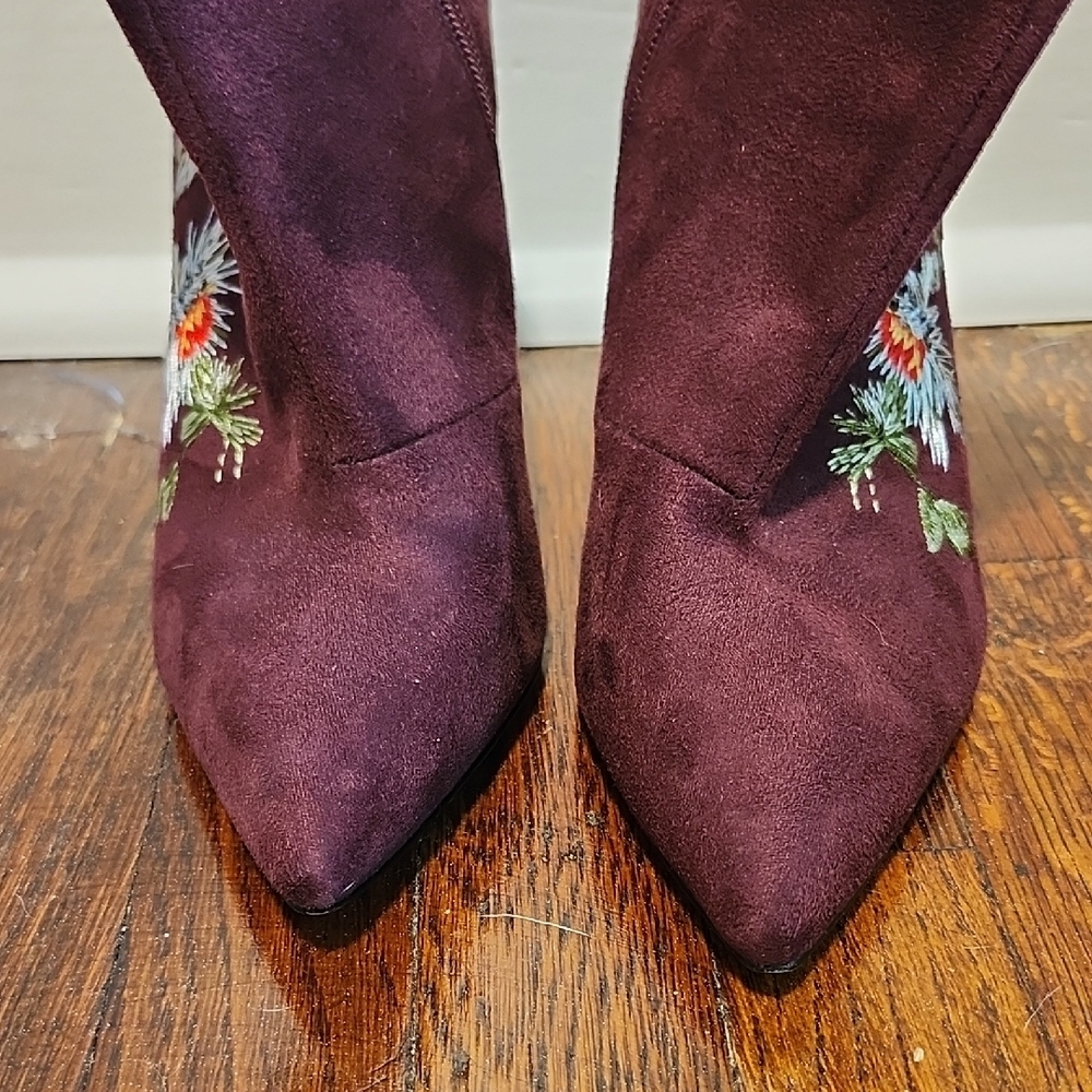 Bebe Delonix Gorgeous Eggplant Heeled Boots with Floral Embroidery - Picture 7 of 9